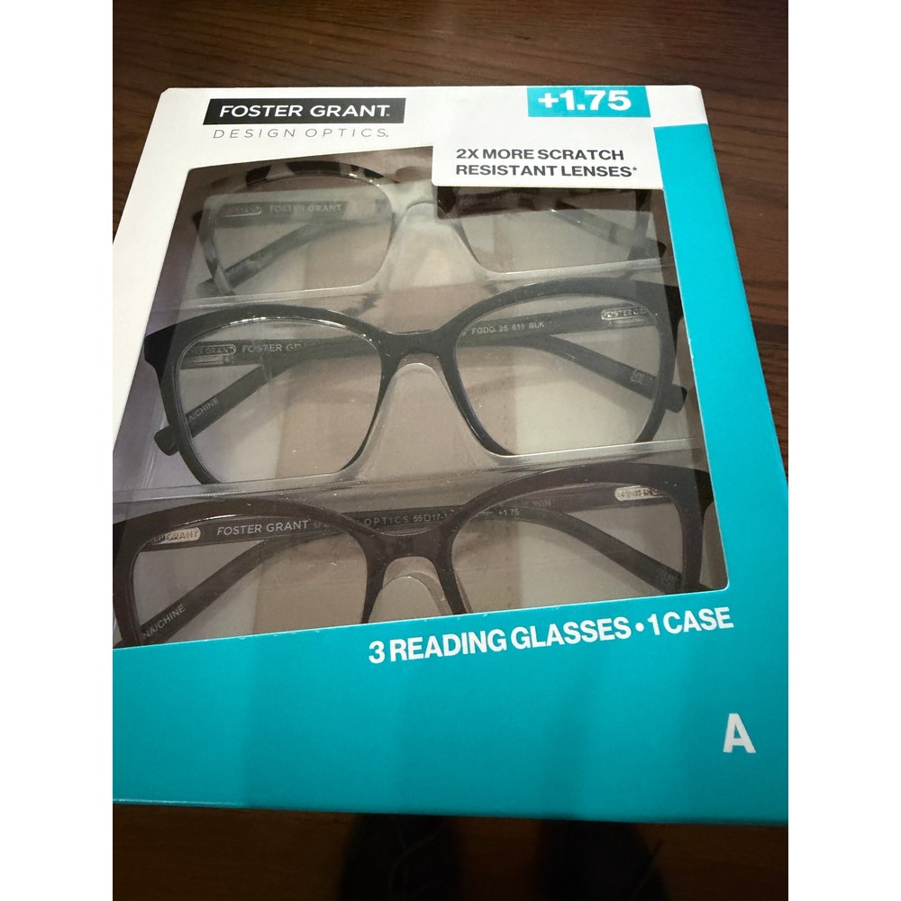 Foster Grant Design Optics Classic Reading Glasses +1.75 3 Pack NEW with case